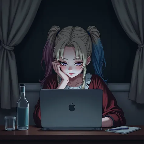 Harley Quinn, sitting in front of a gray laptop monitor, in the evening, at a wooden table, her hand supports her head, she is tired, there is a bottle of vodka next to her, in the anime style