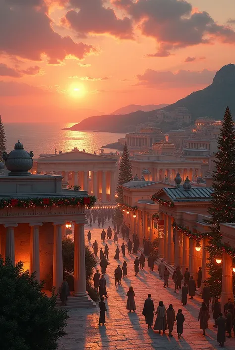 Create a landscape image of an ancient greek city, with christmas decorations and at sunset