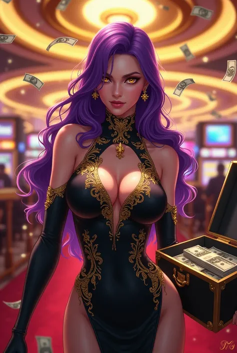  A woman with long hair and bright purple ,  with golden eyes and a cold and calculating look .  She wears a tight black dress with gold details that resemble liquid gold.  She holds an open briefcase full of money in one hand ,  while money rains around h...