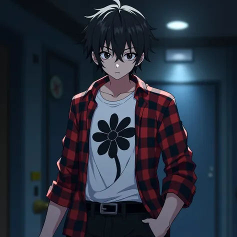 Make a anime teenager boy character with black eyes and white shirt with black flower pattern and red and black check full shirt and black pants with black hairs in dark and blue light background and deadly looks 