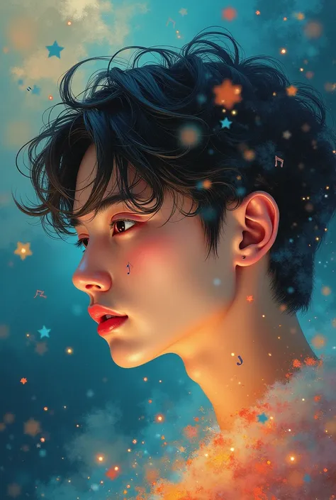 Create a book cover depicting the following story ;  Kim Taehyung, a passionate painter, and Jeon Jungkook, also a passionate musician, are able to connect between their dreams. 