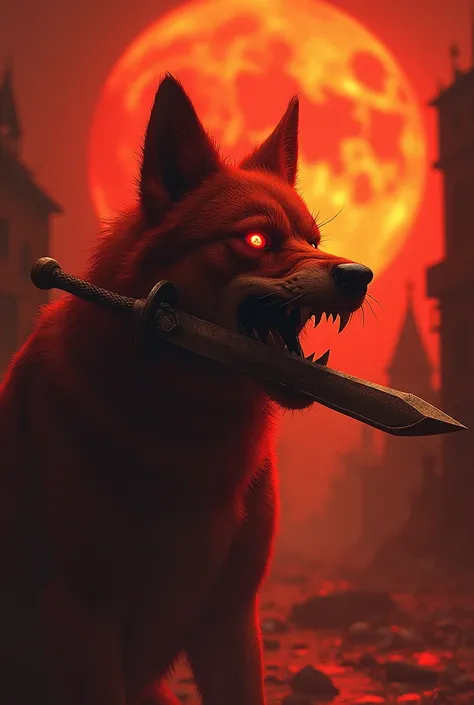 red circle , burning sun ,  fiery red transitioning to orange . In the Wolfskopf district in the side profile , rotes Fell, creepy,  glowing eye ,  teeth are flared , holds a large dagger between its teeth. 