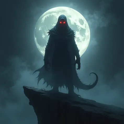 A mysterious shadowy creature with glowing red eyes standing on a cliff, illuminated by the silver light of a full moon. Its silhouette is surrounded by swirling mist, and its claws glint faintly in the moonlight, creating an eerie yet captivating scene.