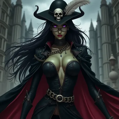 Powerful woman inspired by Bayonetta from Bayonetta , tall and with olive green skin , with purple eyes, and a slit pupil and black hair long and pointed .She has glasses and pointy ears . She has big breats. She wears a cape and Inquisitor clothes , parti...