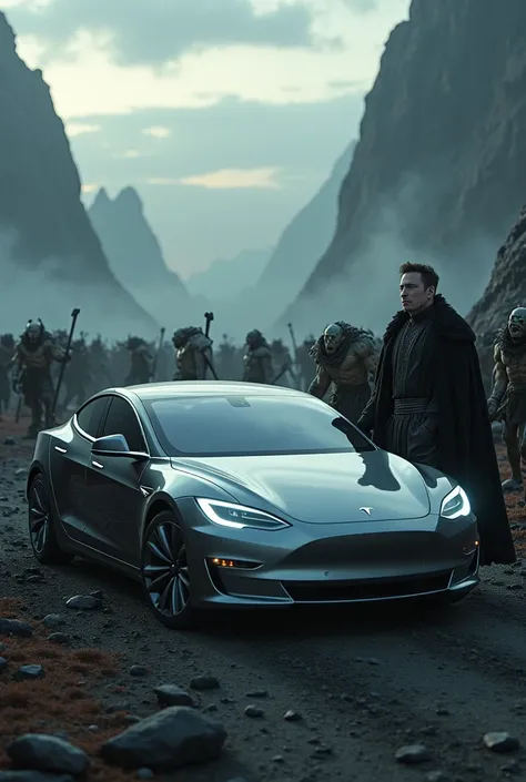 Tesla in front of Elon Musk in Mordor with orcs