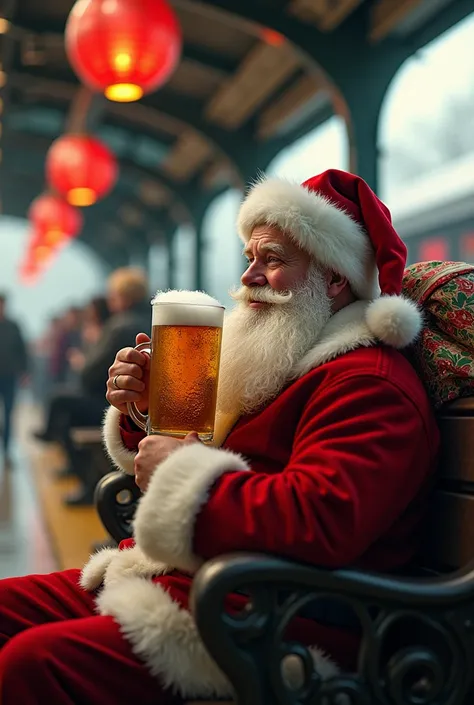 Generate a photo of a Santa Claus drinking draft beer at a train station