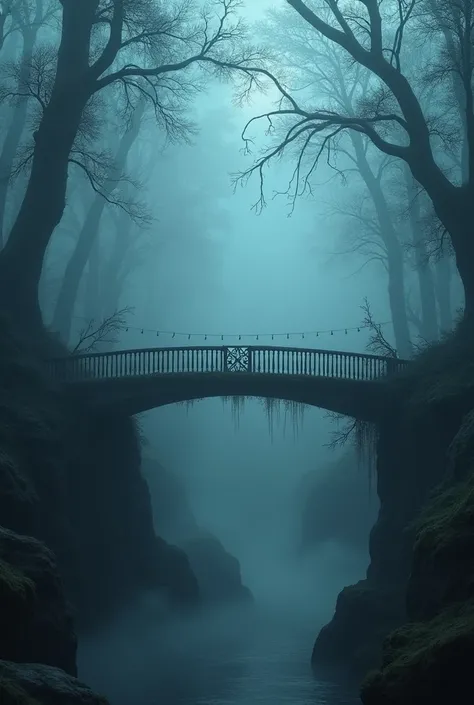 A bridge in the middle of the forest at night surrounded by a lot of fog.