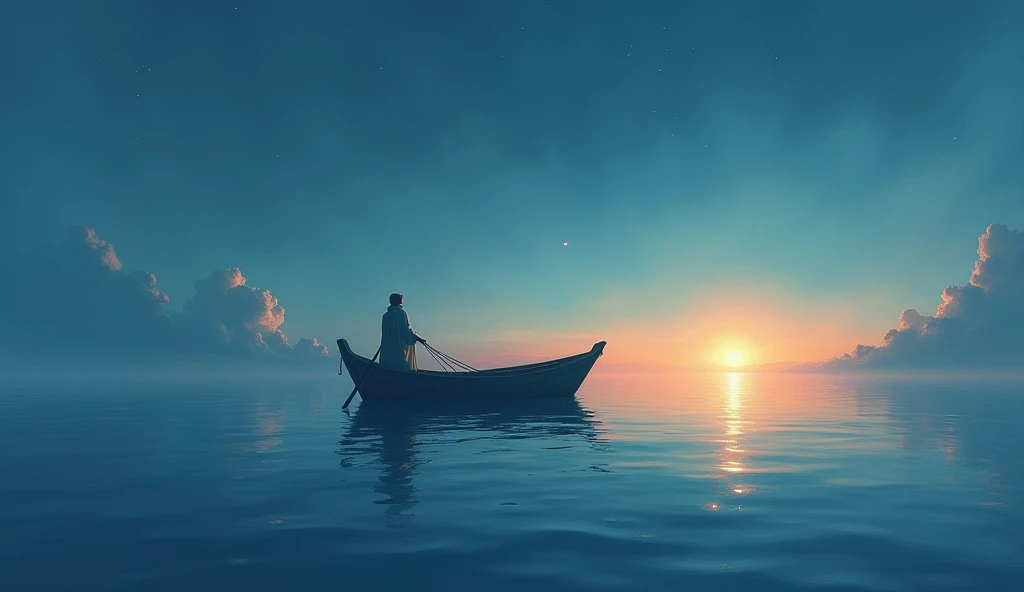 A boat drifting on a tranquil sea at dawn ,  with a bright star in the sky guiding the solitary navigator.