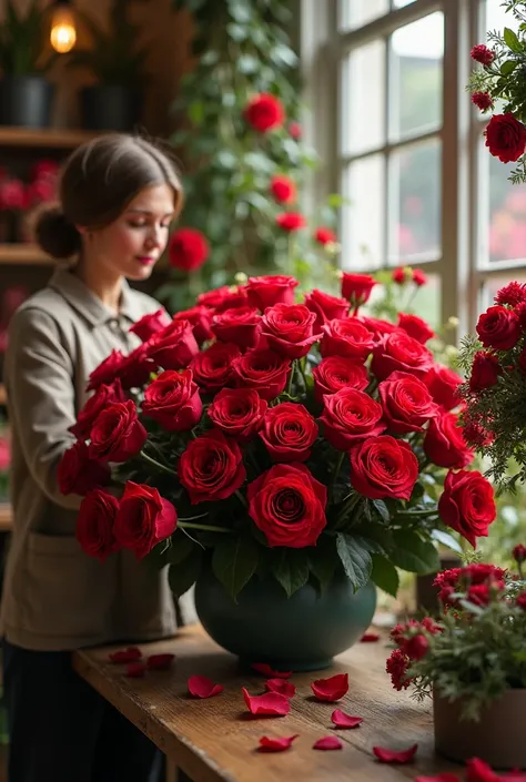 florist collecting a huge bouquet of red roses for sale on his desk