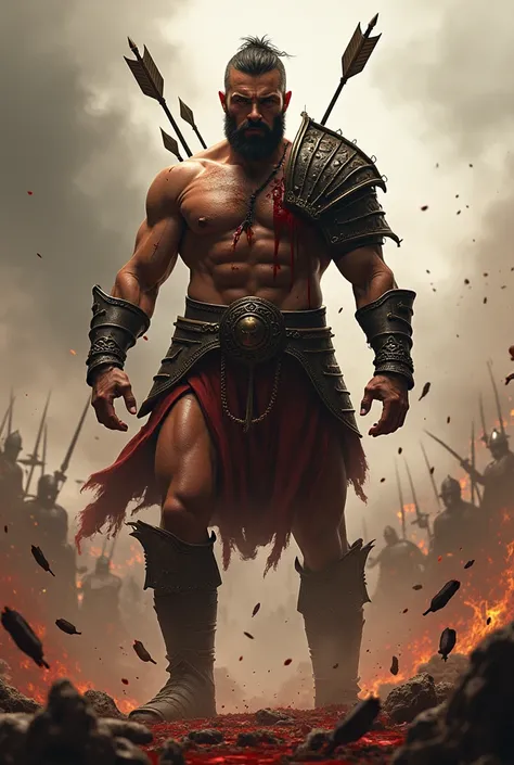 Gladiator on war in shape with sword on his hand and getting hit with arrows on his back and his back bleeding and getting back up on his feet