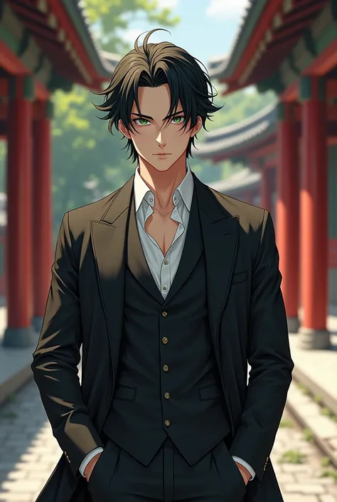 anime, A masculine man, light skin,  black hair , green eyes, elegant clothes, temple 