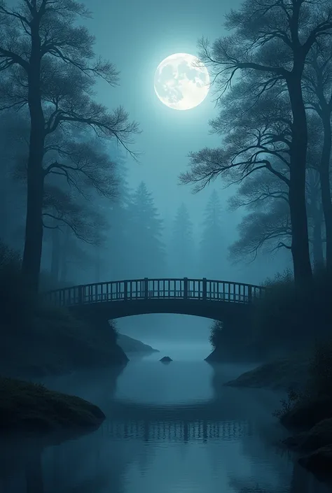 A bridge in the middle of the forest at night surrounded by a lot of fog. A lua prateada aparece logo acima.