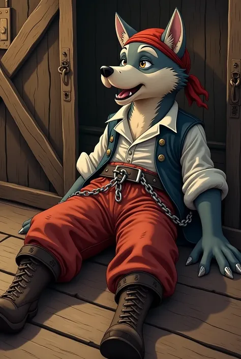 Imagine a cartoon wolf anthro pirate in oversized baggy pants boots laying on the floor of a wooden machine shackled and chained up as he is being held down and kissed by a mob of evil flirty anthros gif