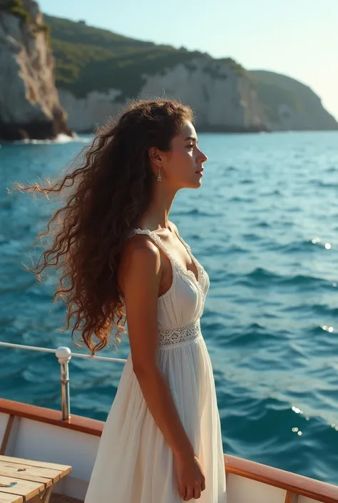 Girl with her back curly hair at sea on a boat in the open sea of Greece 