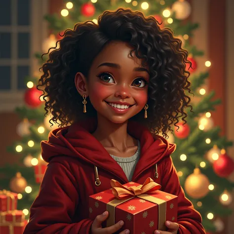  Mulatto Viking girl,smiling, curly hair , Christmas tree in the background,Christmas gifts in hand 