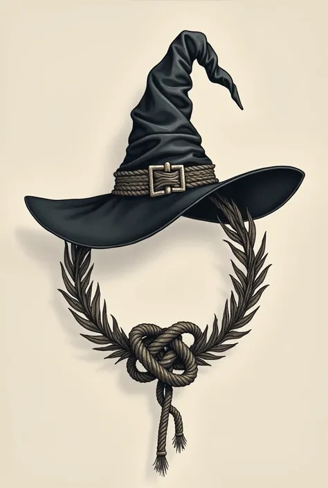 I want a drawing for a tattoo where a witchs hat is attached to a laurel wreath by a knot of 8 Let the knot look like a rope and the crown and the cap are a little further apart 