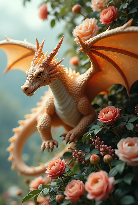 Dragon 3 d , Shaggy,  four dragon legs   , delicate face ,,  wrapped between flowers, flying ,flores, rose, peonias, Ramos