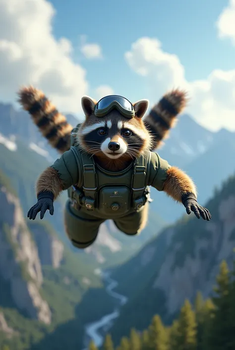 Create an image of a paratrooper raccoon flying in a wingsuit 