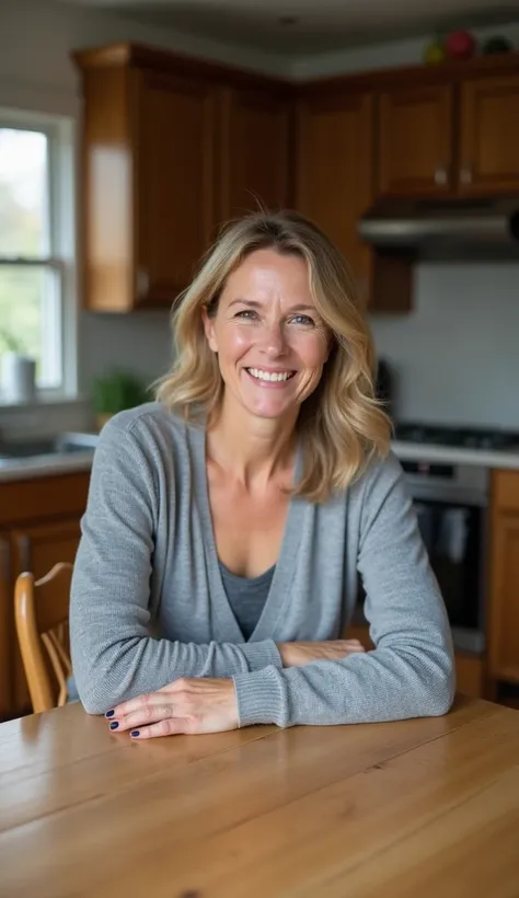 A 36-year-old woman with a kind expression, wearing a gray cardigan, sitting at a wooden kitchen table.