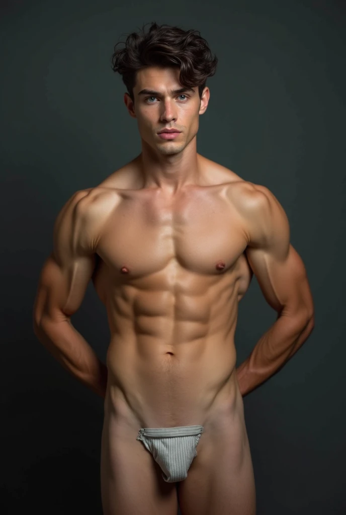 handsome 18 years naked muscled male model, stands, black males cuddle him from behind, looks in front, full body view, nude, legs open, tight ass, hairless, no facial hair, messy wavy dark hair, blue eyes, thick lips, muscled model, defined muscles, ultra...