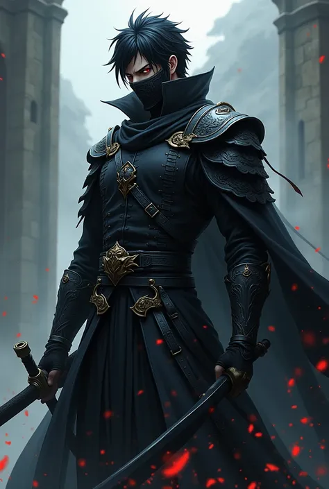  Make an anime-style male character ,  medieval warrior with a dark mask on his face, black hair and a black sickle in his hand ,  red eyes  