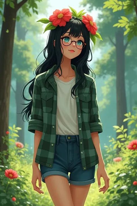 girl in the forest, sky blue eyes, black hair, adult, wreath of red flowers, gaze into the distance, light smile, plaid shirt , T-shirt, pale skin, thin arms,shorts, sneakers,round glasses,full height