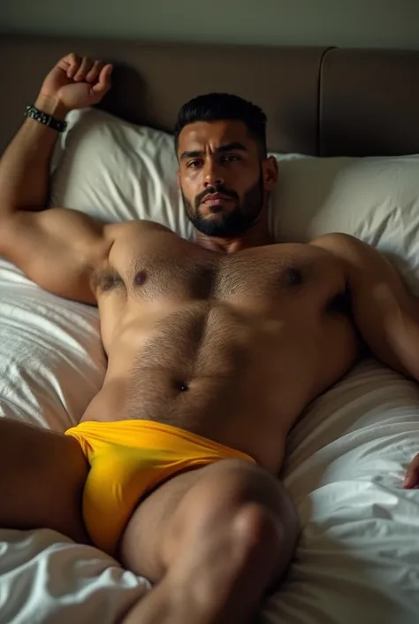 a man wearing a yellow thong  is laying on a bed, Arab male, mid-shot of a hunky, sexy masculine, hairy chest and hairy body, laying back on the bed, strong and imposing, posing in bed, strong masculine features, attractive body, masculine and strong, [ ri...