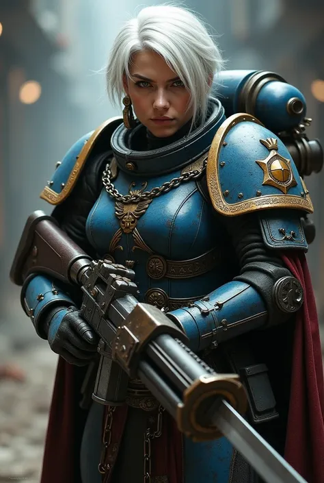 ( hyperrealistic :1.2), ( Photorealistic:1.2), Battle sister with short white hair from Warhammer 40Ks Rogue Trader female, holding a chainsword and bolter ,   full-size  