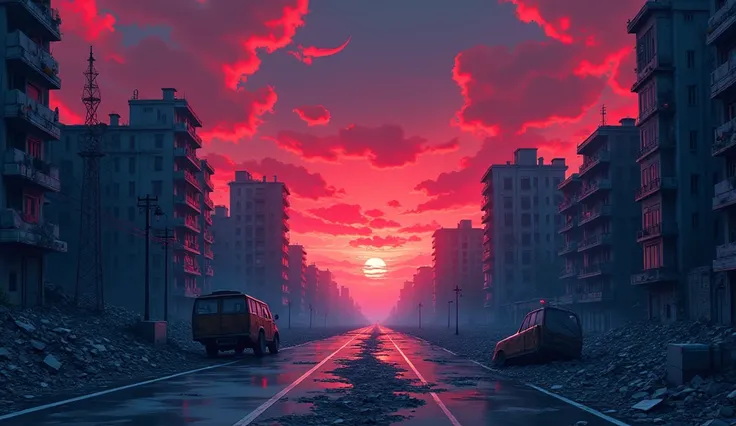  Create an anime-style setting of an empty and destroyed city, With the colors shades of red and blue .