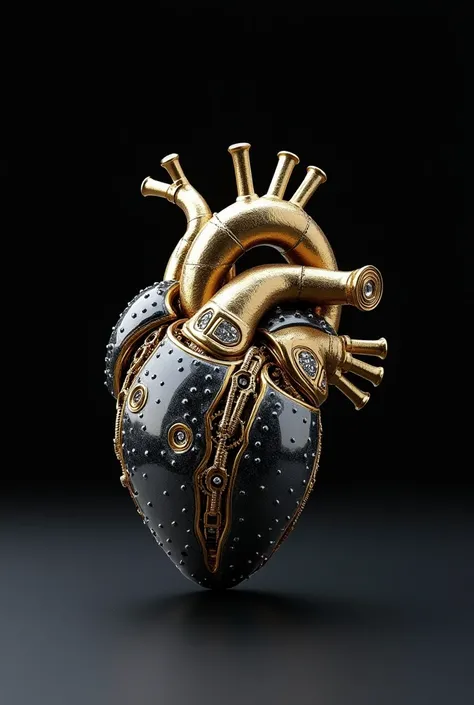  Bionic Heart Heart with Gold Plated cable and gear , black titanium and sparkling diamonds ,on a plain black table , in the dark,plain black background,detail,realistic,Ultra HD