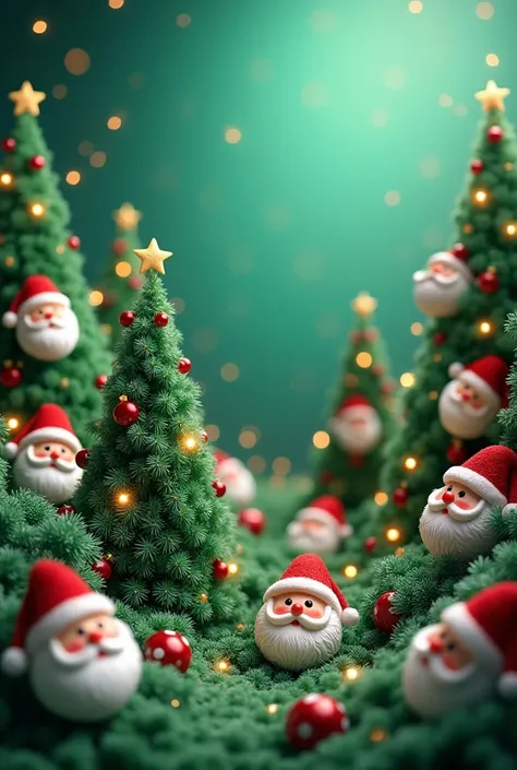 green background. wallppaer with lot of small christmastrees, santa heads, 