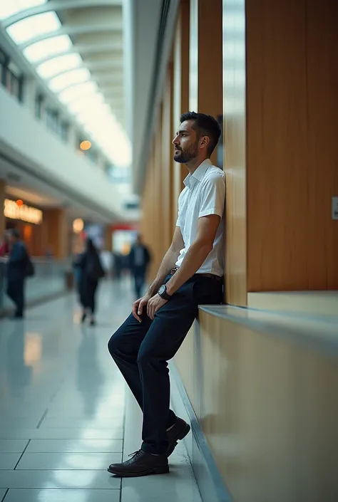 there is a man sitting on a wall in a building, a picture inspired by Odhise Paskali, pexels, realism, shot on canon eos r 5, shot on canon eos r5, taken with sony alpha 9, appearing in a shopping mall, shot with sony alpha 1 camera, shot with sony alpha, ...