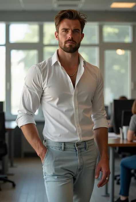 i want a man with light brown hair, with light eyes, tall but not too tall, a little muscle but not totally jacked, wearing a tight blouse so you see his muscles and slightly baggy light jeans. and white sneakers. Veiny arms but not too dramatically. no gl...