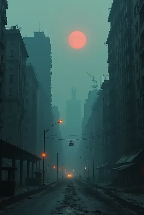 Abandoned metropolis destroyed by nuclear explosions at night. tall,  side destroyed buildings ,  left over from the once prosperous city ,  stand like gloomy skeletons in the dark . } Surrounded by thick fog and smoke, ,  they are amazed by ,  Their walls...