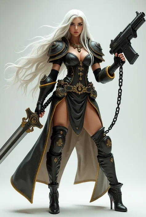 ( hyperrealistic :1.2), ( Photorealistic:1.2), Free trader girl in a high-heeled dress with long white hair from Warhammer 40Ks Rogue trader, holding a chainsword and bolter ,   full-size  