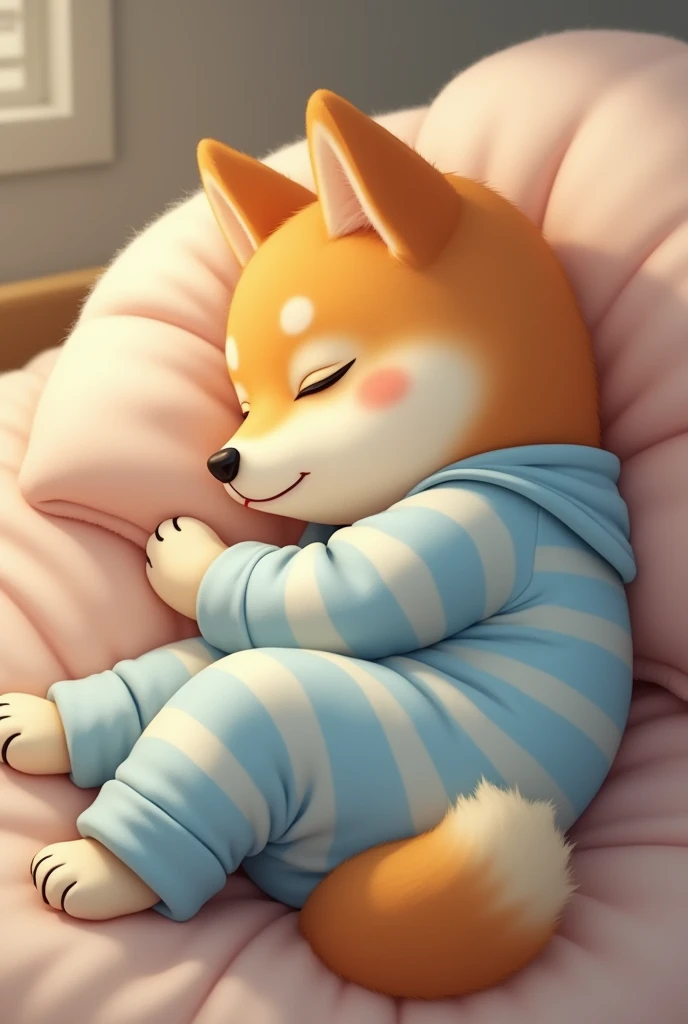 Shiba Inu in pajamas sleeping