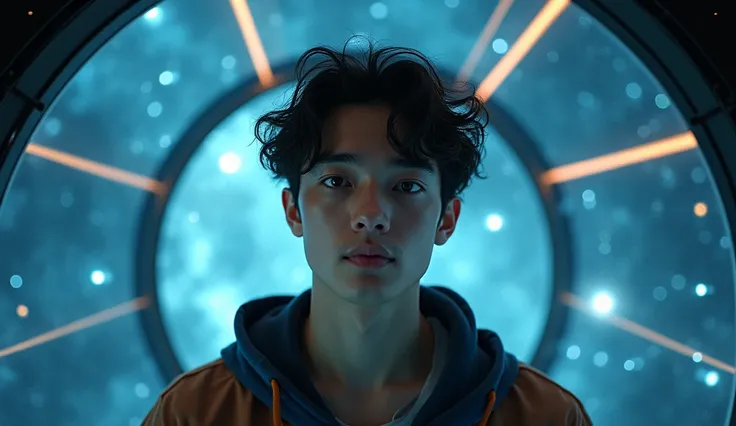 Real photo, a frontal portrait of a 21-year-old handsome japanese actor, black eyes,  curly hair,  facing the camera, wearing stylish summer street wear,  , stood in a fully transparent glass spaceship, with a gorgeous universe in the background, the Milky...