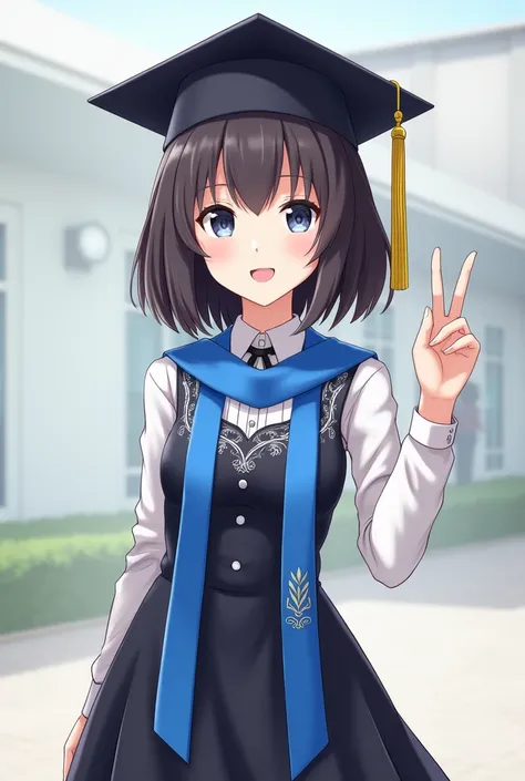 Draw a girl wearing a graduation dress with a graduation cap and a blue graduation scarf and her hair is short to her shoulder with a front bang.