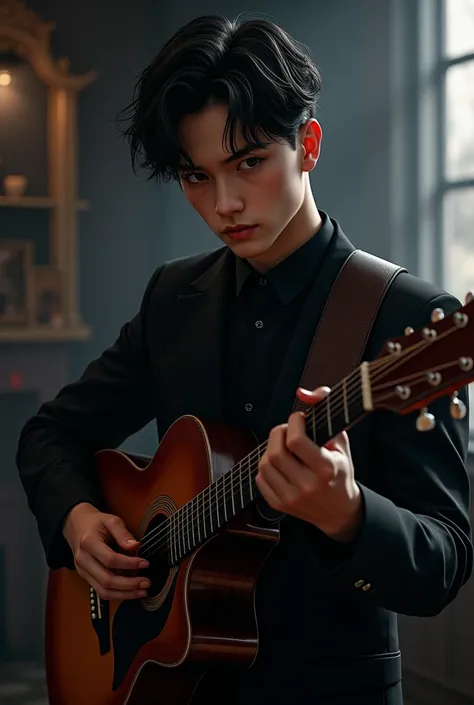 Make a handsome boy with black hair and a black suit playing a guitar 