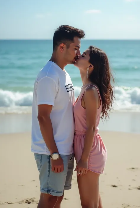 I want you to make a photo of a couple standing on the beach and kissing each other man must have 1.86cm height and woman must have 1.64cm height and on mans shirt must be written IRFAN and womans shirt must be written PANAH