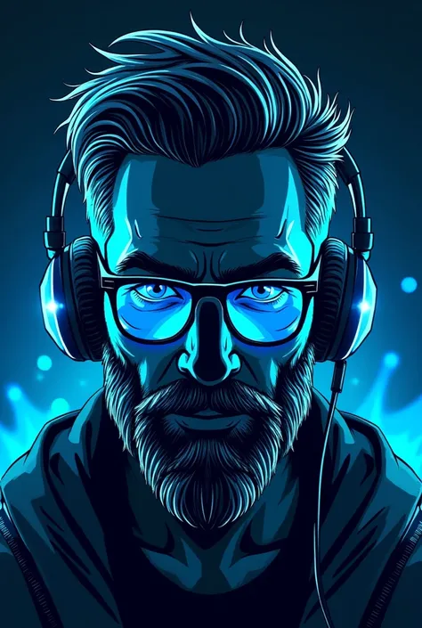 Clear mask logo looking forward with outer contours, blue neon style, handsome beard man with glasses punk podcast microphone headphones  