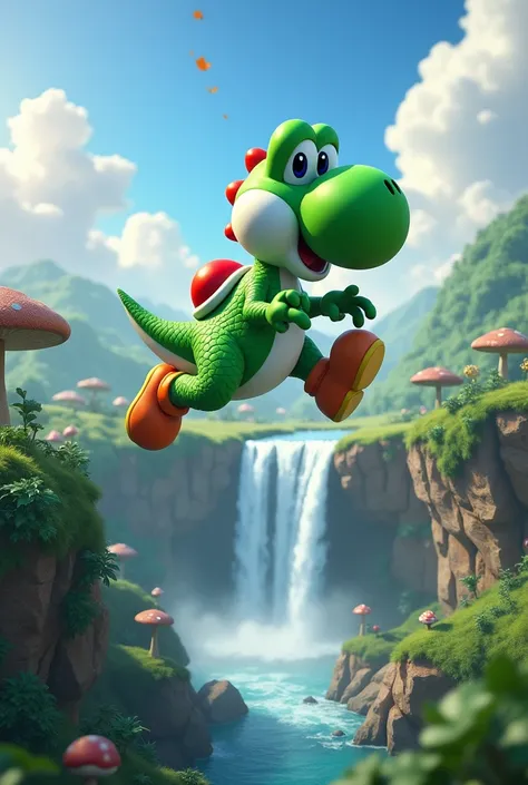  create the hyper realistic image of Yoshi from Supermario Bros in 8k format, In the mushroom kingdom jumping a waterfall 

