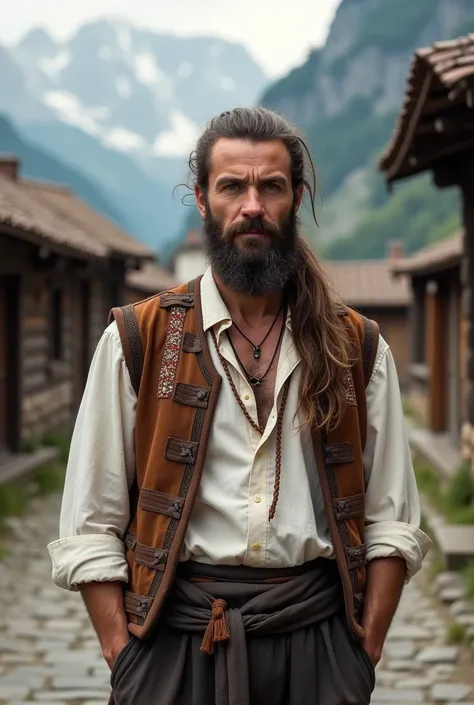 "Create a high-quality, realistic portrait of a man with long, wavy hair tied in a low ponytail, standing in a picturesque mountain village. The man has a well-groomed beard and a calm, serene expression. He is wearing traditional folk clothing: a white li...