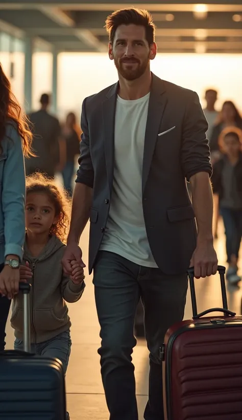  Short scene for Messi and his family at the airport , with suitcases and excited looks . right away,  hes at an FC Barcelona training camp, small,  but showing incredible abilities .