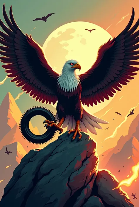  A stylized eagle with open wings ,  representing the idea of evolution and growth .  It holds a toothed wheel with its claws ,  symbolizing movement and transformation . In front of you,  there is a large rock or a threatening crush ,  representing the id...