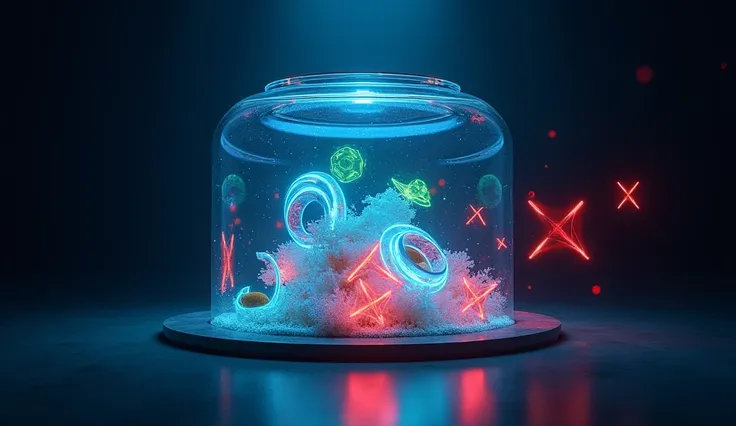  Design a striking scene with a fish tank located in the center of a dark room .  Inside the fish tank ,  abstract geometric figures , like circles and triangles,  move and rotate dynamically ,  emitting vibrant colored lights such as electric blue , neon ...