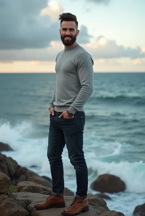 "Create a high-quality, realistic portrait of a man with a well-groomed beard and a stylish pompadour hairstyle, standing on a rocky seaside cliff. The man has a rugged yet charming appearance, with warm, friendly eyes and a slight smile. He is wearing a c...