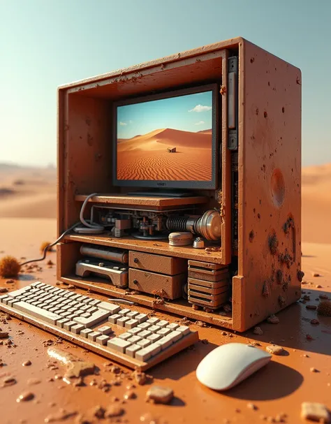 a computer /(keyboard, mouse, monitor, case)/ with the sahara desert inside, /[UHD, masterpiece, very detailed, sharp focus, ((skin marks, moles, smooth skin, real pores, moles on skin, stretch marks, natural skin:1.8)), textured skin, high details, high q...