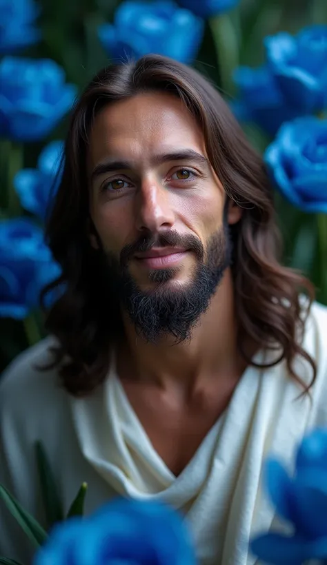 "(HD, 4k, masterpiece, image perfection, maximum resolution, meticulous details), A photograph of Jesus, with a serene, calm and happy look, he looks forward with his face centered and facing forward, in the background roses and tulips in blue and navy blu...