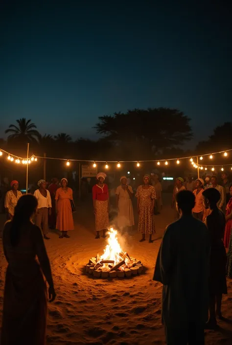 Dans la nuit dans un camp en Afrique, Une femme de forte corpulence mécontente prend la parole, des cochons maigres , des casiers de bière de vins et sacs de riz sont placés au milieu de la cour pour le mariage , les gens là regarde attentivement